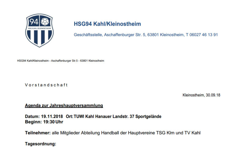 Einladung zu Jahreshauptversammlung am 19.11.18