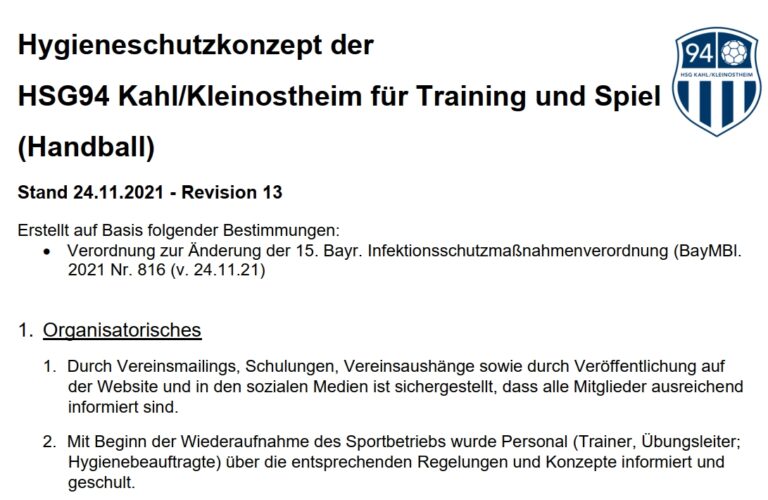 Anpassung des Hygieneschutzkonzeptes der HSG94 Rev. 13