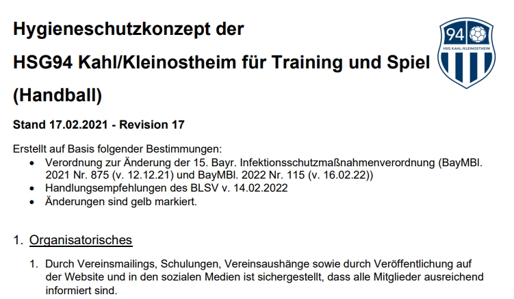 Anpassung des Hygieneschutzkonzeptes der HSG94 Rev. 17