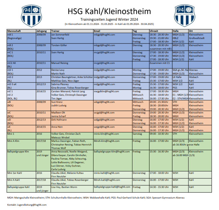 Neue Trainingszeiten ab 01.11.2024